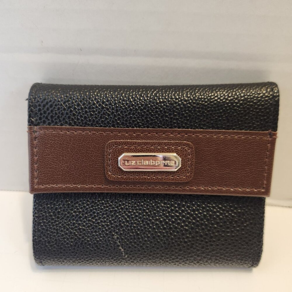 Liz Claiborne Black & Brown Leather Bifold Wallet With Snap Closure & Card Slots